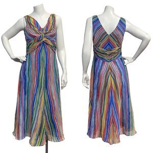 Maggy Boutique Sz 4 Waterfall Stripe Twist Front Midi Flare Dress Summer Rainbow